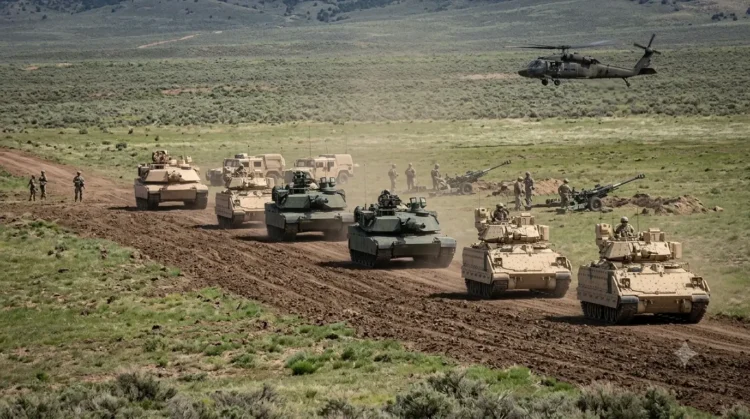 AI-generated photograph-style image of US Army soldiers, armored vehicles, artillery and a helicopter during a field exercise.