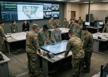 AI-generated photograph-style image of US military personnel coordinating joint operations in a multi-service command centre.