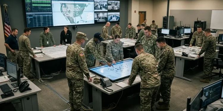 AI-generated photograph-style image of US military personnel coordinating joint operations in a multi-service command centre.