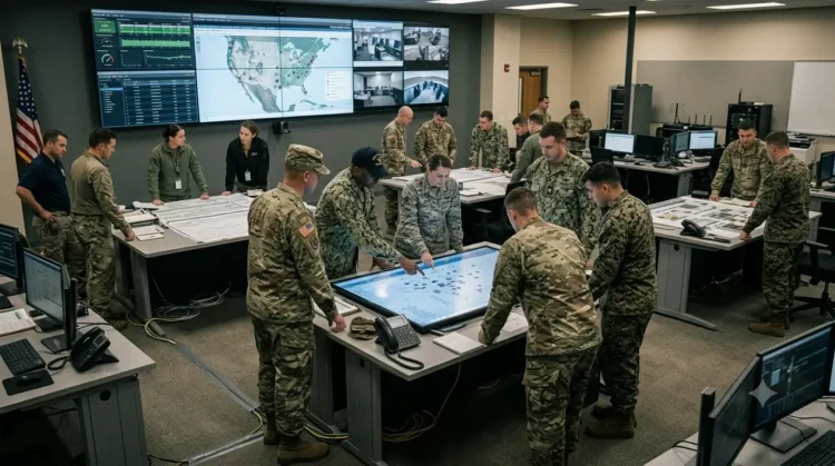 AI-generated photograph-style image of US military personnel coordinating joint operations in a multi-service command centre.