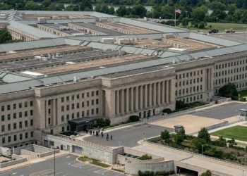AI-generated photograph-style aerial view of the Pentagon in Arlington, Virginia, with secure grounds and support vehicles.