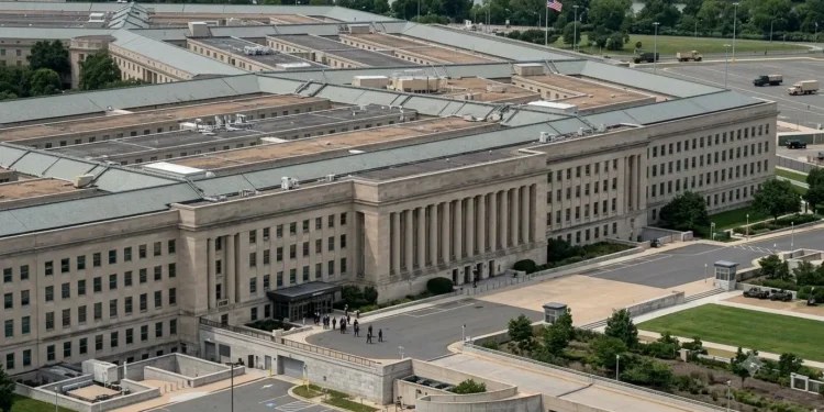 AI-generated photograph-style aerial view of the Pentagon in Arlington, Virginia, with secure grounds and support vehicles.