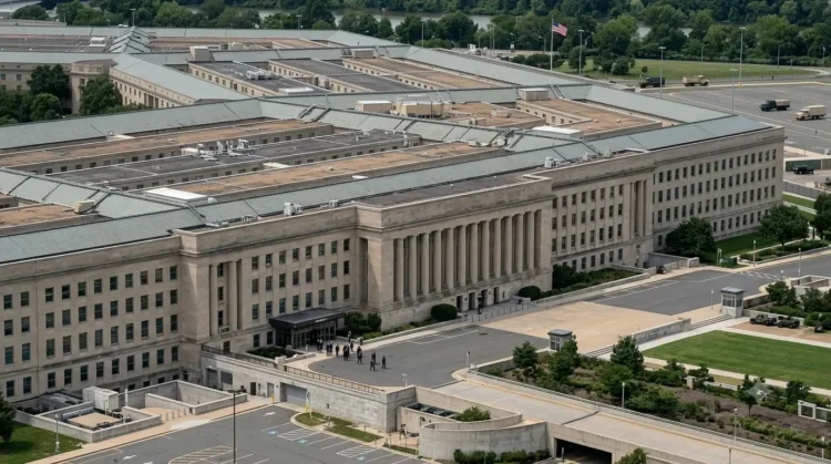 AI-generated photograph-style aerial view of the Pentagon in Arlington, Virginia, with secure grounds and support vehicles.