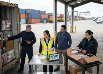 AI-generated photograph-style image of U.S. customs and trade officials inspecting textile shipments and reviewing supply-chain records at a cargo terminal.