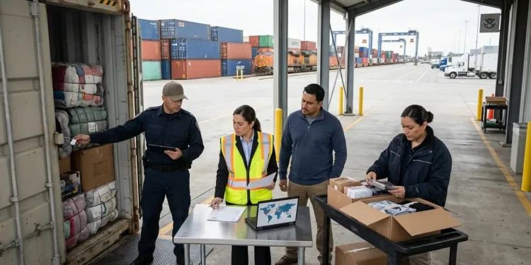 AI-generated photograph-style image of U.S. customs and trade officials inspecting textile shipments and reviewing supply-chain records at a cargo terminal.