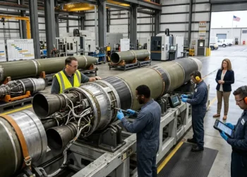 AI-generated photograph-style image of American technicians inspecting large missile-defense propulsion components inside an expanded manufacturing facility.