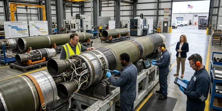 AI-generated photograph-style image of American technicians inspecting large missile-defense propulsion components inside an expanded manufacturing facility.