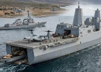 AI-generated photograph-style image of US Navy ships supporting Marine Corps amphibious operations with aircraft and vehicles.