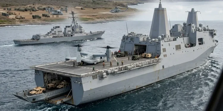 AI-generated photograph-style image of US Navy ships supporting Marine Corps amphibious operations with aircraft and vehicles.