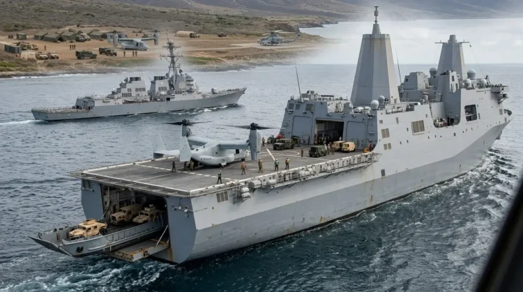 AI-generated photograph-style image of US Navy ships supporting Marine Corps amphibious operations with aircraft and vehicles.