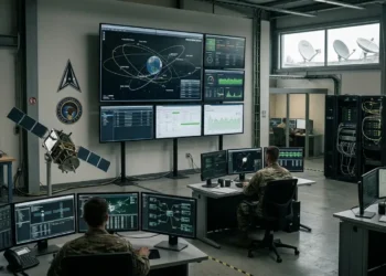 AI-generated photograph-style image of US military personnel operating satellite, cyber and strategic command systems.