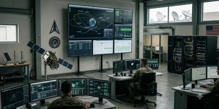 AI-generated photograph-style image of US military personnel operating satellite, cyber and strategic command systems.