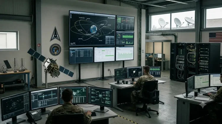 AI-generated photograph-style image of US military personnel operating satellite, cyber and strategic command systems.
