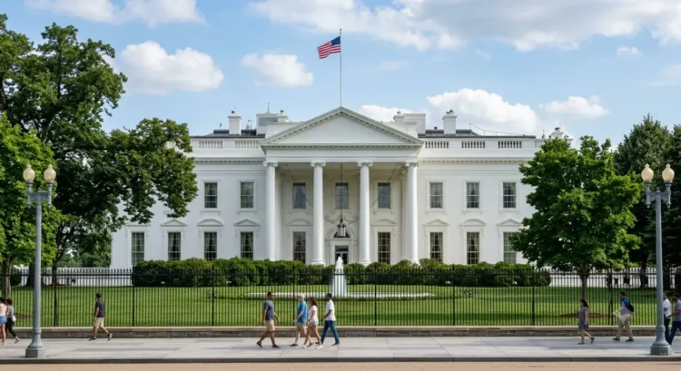 Illustrative view of the White House behind its gardens and perimeter fence in Washington, DC.