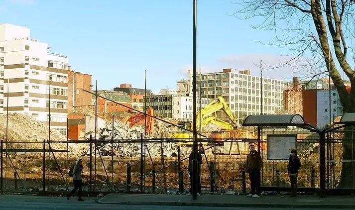 Old BBC building - 'New Broadcasting House' - on Oxford Road, Manchester, UK - under demolition. Photo by Alex Pepperhill. Flickr.